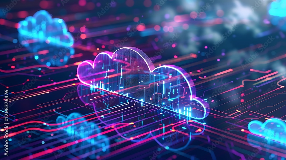 Poster abstract illustration of cloud computing showcasing data storage, digital networks, and futuristic t