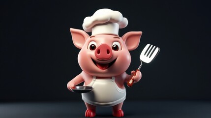 Cheerful cartoon pig chef holding a spatula and frying pan