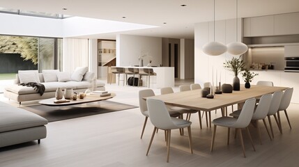 A contemporary open-plan living and dining area with minimalist furniture and warm with white background.