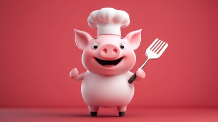 Cute Cartoon Chef Pig Holding Spatula in Fun Kitchen Setting