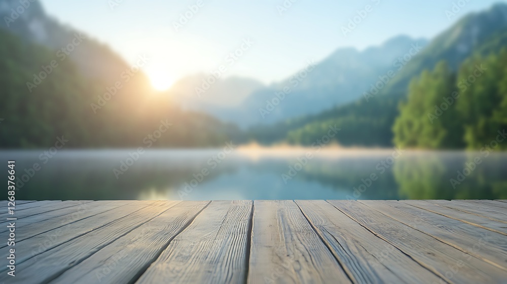 Poster a rustic wooden dock with a blurred background, perfect for nature-themed projects and serene settin