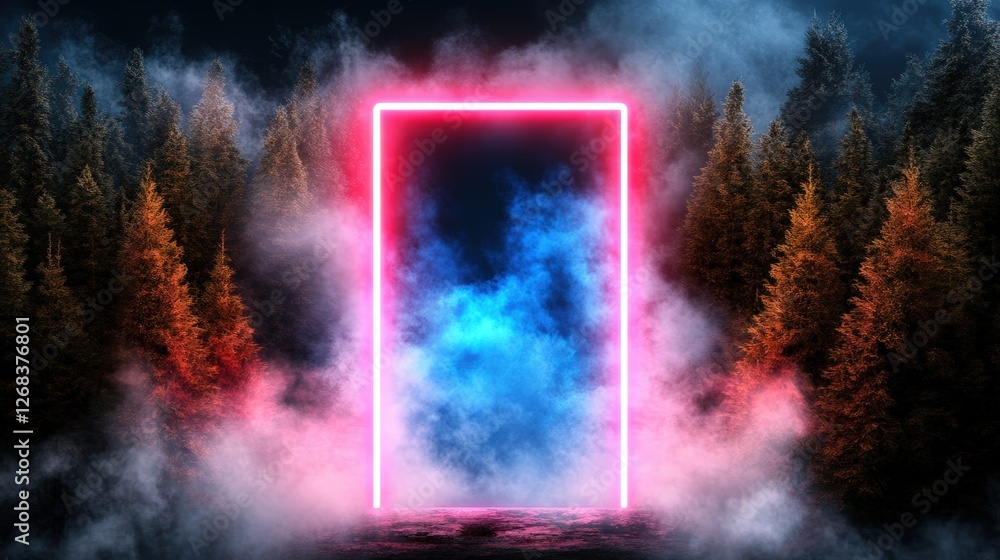 Aufkleber pink door surrounded by trees in a dense forest creating an abstract natural composition
