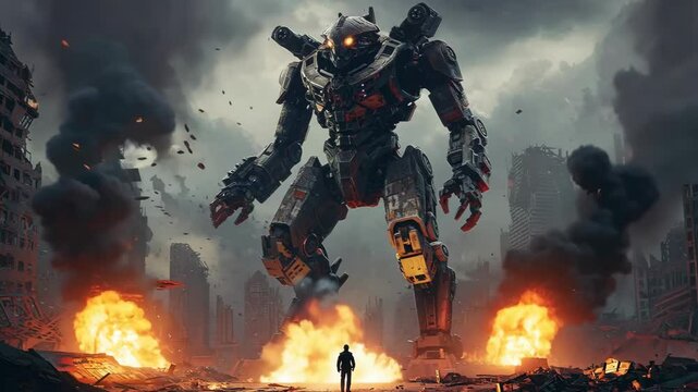 Giant Robot In Destroyed City With Man