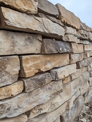 Fototapeta premium A close-up of the stone wall, showcasing its rough texture and natural beauty. The stones should be arranged in an interesting pattern with varying sizes to create depth and dimensionality.