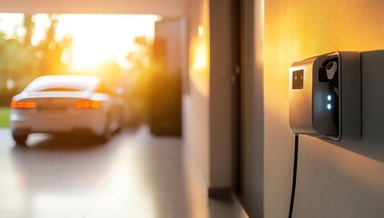 Electric Vehicle Charging Station in Garage at Sunset