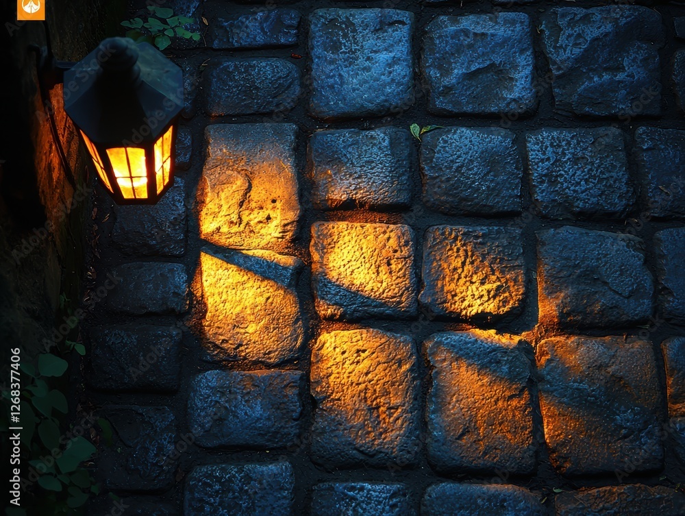 Poster a cobblestone pathway illuminated by a lantern, creating a warm ambiance.