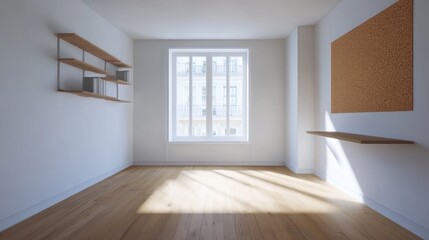 Fototapeta premium Sunny Parisian apartment, empty room, wooden floors, minimalist shelves, corkboard