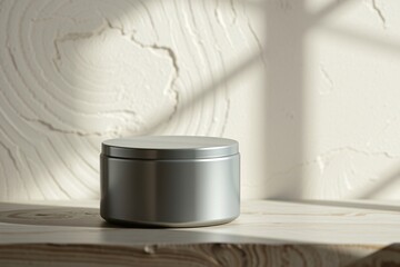 Minimalist metallic jar placed on a wooden surface with textured plaster wall, illuminated by soft natural light