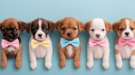 Puppy Day concept. A Group of Adorable Puppies Sitting in a Row Wearing Bow Ties