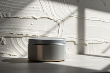 Minimalist metallic jar placed on a wooden surface with textured plaster wall, illuminated by soft natural light