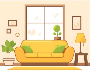 Cozy yellow sofa in sunny room, plants, window