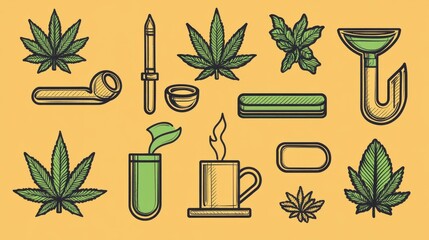 Colorful Cannabis-Themed Illustrations on Bright Yellow Background