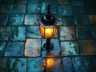 A glowing lantern on a wet cobblestone surface, creating a warm ambiance.