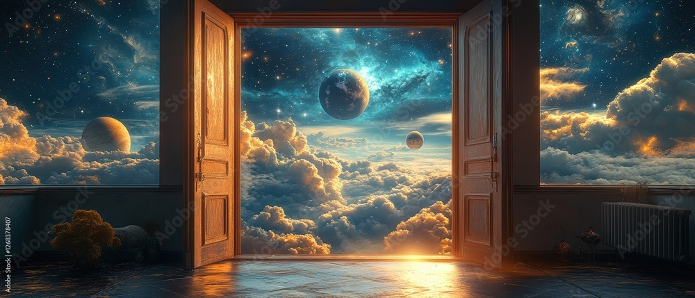 Poster room with an open door revealing a surreal space scene and a view of a distant planet