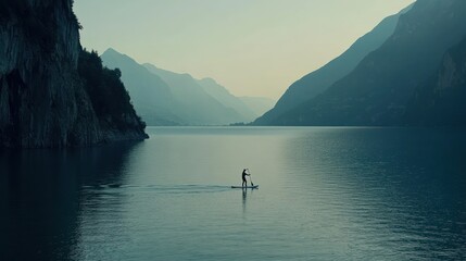 Paddleboarding Serenity: A Solitary Figure on a Tranquil Lake Surrounded by Majestic Mountains