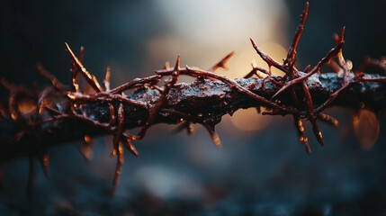 A glowing Crown of Thorns and cross, symbolizing Jesus Christ’s sacrifice, against an empty, blurred background with a modern bright tone and blank space for a caption.

