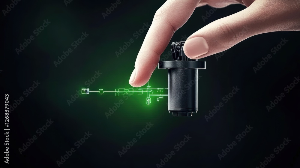 Poster a hand interacts with a device projecting green digital data.