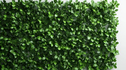 Obraz premium A realistic photo of a large green plant wall made from square-cut ivy leaves, on the right side of an empty white background with brown vertical lines.