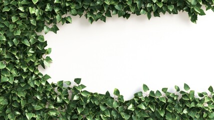 A realistic photo of a large green plant wall made from square-cut ivy leaves, on the right side of an empty white background with brown vertical lines.
