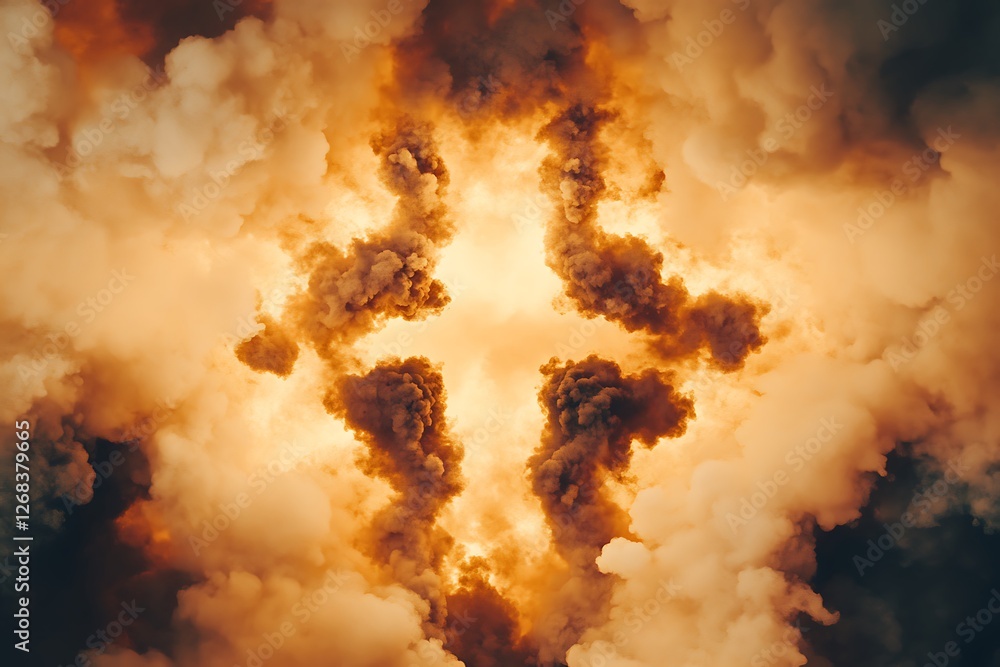 Poster fiery explosion in the sky with clouds and sun. abstract background