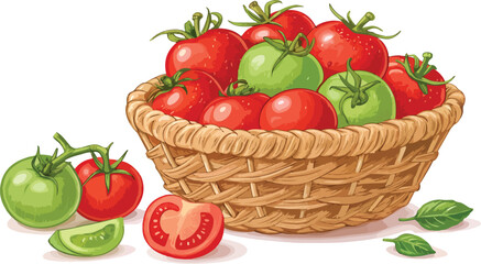 Tomato Illustration vector design, Red Tomato in basket with Tomato Slice in white background Illustration vector design