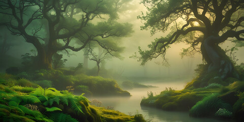 Fototapeta premium A breathtakingly beautiful nature background featuring a majestic, serene, and intriguing scene that exudes tranquility, with lush greenery, towering trees, created by generative ai