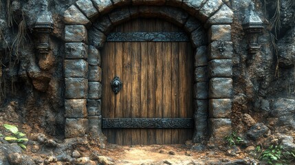 Fototapeta premium Wooden door in ancient stone wall with a bird perched on top of the doorway