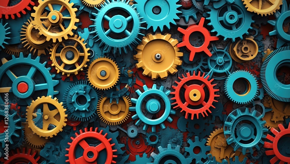 Poster colorful gears interlocking system: a visual exploration of mechanical engineering principles and co