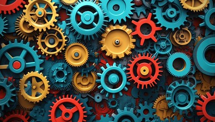 Colorful Gears Interlocking System: A Visual Exploration of Mechanical Engineering Principles and Complex Mechanisms, Showing Intricate Design and Precise Movement