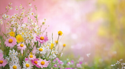 Obraz premium beautiful spring flowers on paper background, Mothers Day concept banner with empty copy space for text