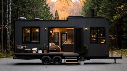 Obraz premium Stylish Tiny Home on Wheels Featuring Collapsible Decks Amidst Lush Autumnal Forest Landscape. Innovative and Creative Ways to Build a House Concept