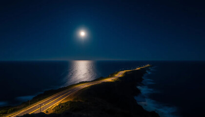 Fototapeta premium Night Road by the Ocean Under a Full Moon