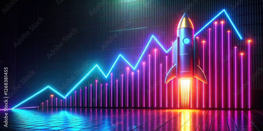 Poster futuristic data visualized: a cyberpunk rocket launch bursts forth in vibrant neon ai art.