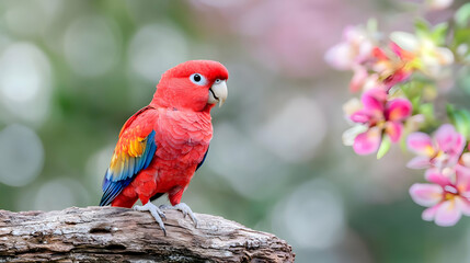 Red Parrot on Branch, Tropical Garden, Soft Focus