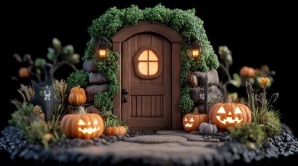 Obraz premium Small house decorated with pumpkins and halloween doorway for trick-or-treaters in autumn season