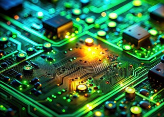 Fototapeta premium Glowing green PCB: Drone circuit board's intricate components, a high-resolution close-up.