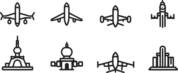 A set of icons for flight and travel in vector line style