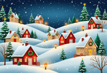 Festive Christmas Village with Snow-Covered Hills