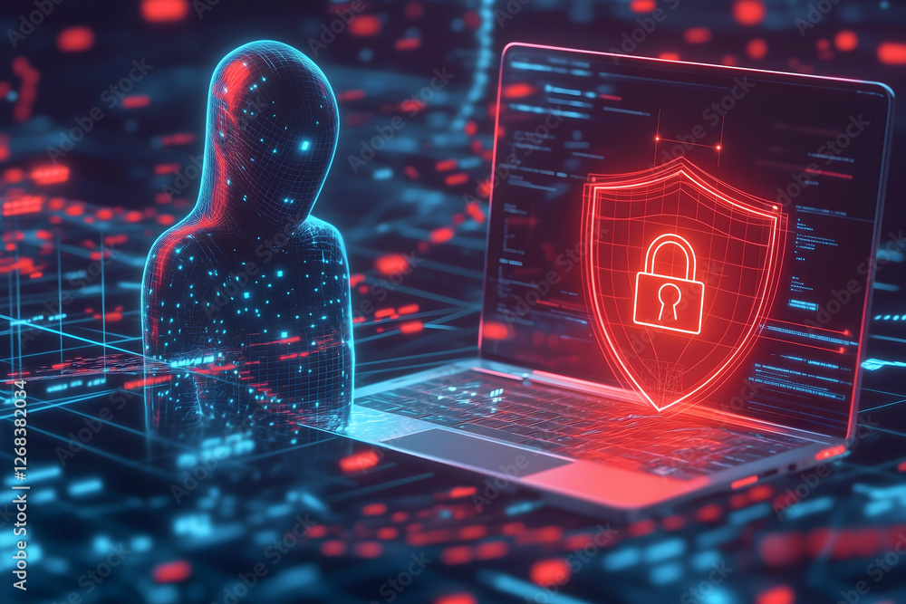 Poster a digital representation of cybersecurity, featuring a virtual figure next to a laptop displaying a 
