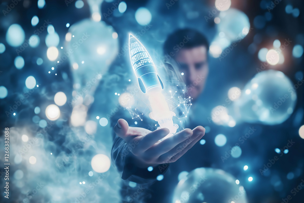 Poster a person holds a glowing object in their hand, surrounded by ethereal light orbs, creating a magical