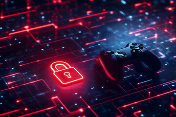 A gaming controller is shown beside a glowing red padlock, symbolizing security in a digital landscape filled with circuits.