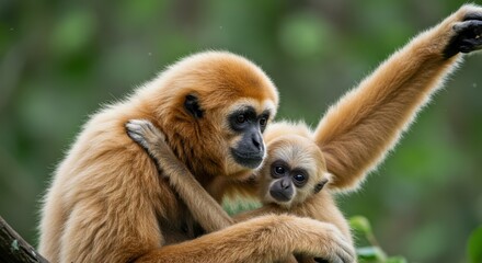Naklejka premium A mother gibbon embraces her baby in a lush green forest setting