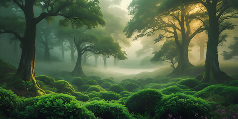A breathtakingly beautiful nature background featuring a majestic, serene, and intriguing scene that exudes tranquility, with lush greenery, towering trees, created by generative ai