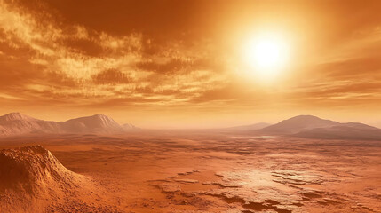 Ethereal Orange Hues on a Martian Landscape with Mountains and a Radiant Sun in a Cloudy Sky