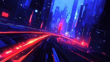Fototapeta premium Neon Cityscape: Futuristic Vehicle Speeds Through Glowing Streets at Night, Digital Art with Vibrant Colors