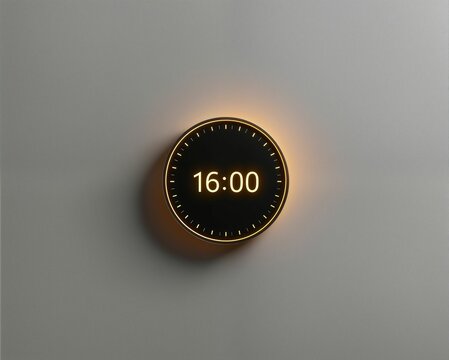 A round digital clock displaying the time 16:00 against a minimalist background, featuring soft lighting accents.