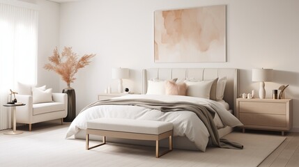 A luxury bedroom with a neutral color palette, soft linens, and minimal d?(C)cor with white background.