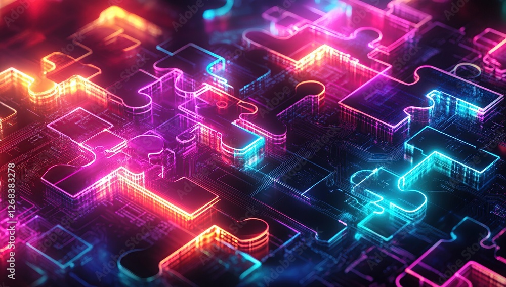Poster neon puzzle pieces interlock on futuristic circuit board, vividly illuminated digital network system