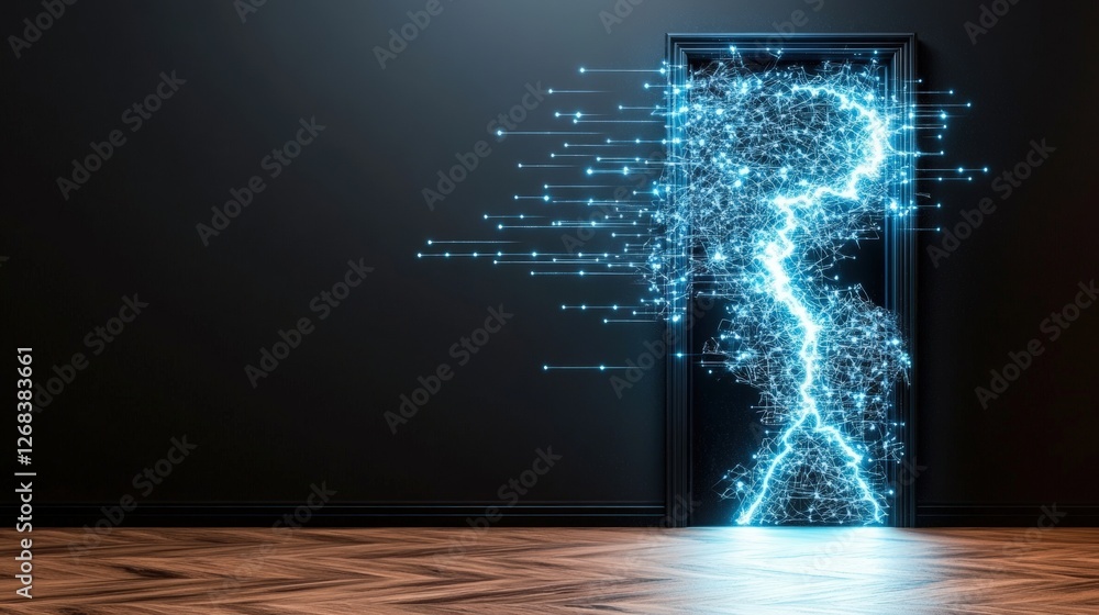 Poster blue glowing doorway with light in a dark room creating a mysterious atmosphere in a studio setting