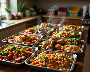 Obraz premium A vibrant display of freshly prepared meals in trays, showcasing a variety of colorful vegetables, proteins, and grains, emanating steam and warmth.